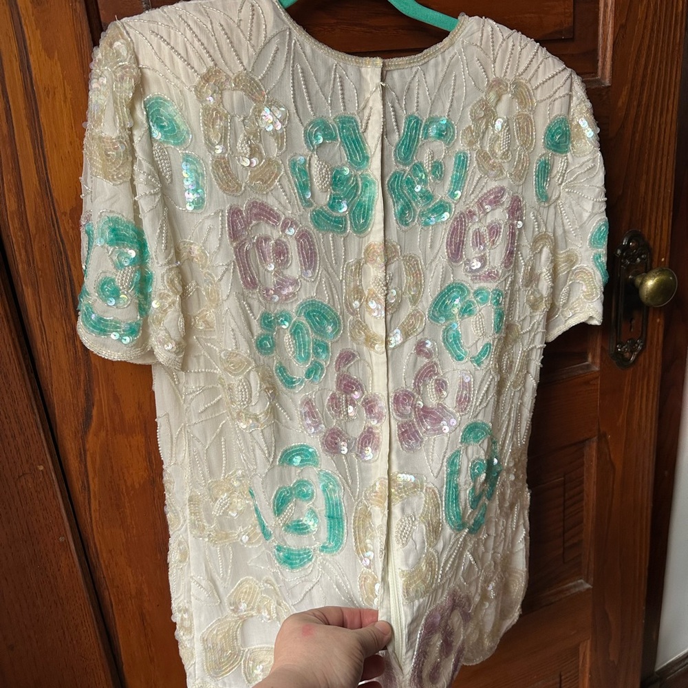Vintage Floral Sequined Embroidered Teal, Pink & White Blouse - Picture 9 of 10
